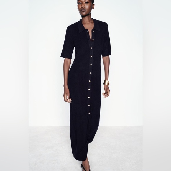 Zara Dress Women’s Small Knit Midi with Buttons Navy Blue Wool Blend - Picture 1 of 11